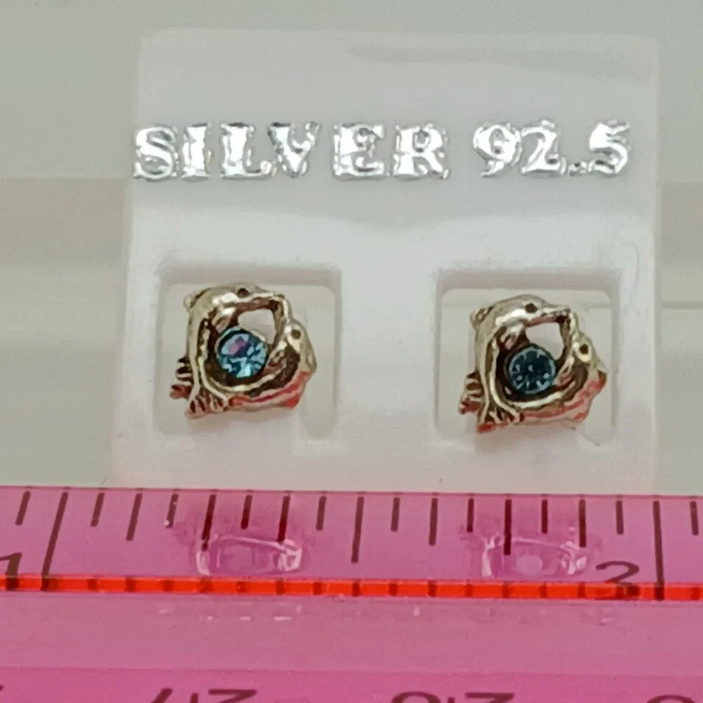 Sterling Silver 925 Dolphin Stud‎ Earrings Blue Crystal Nautical Vintage Jewelry